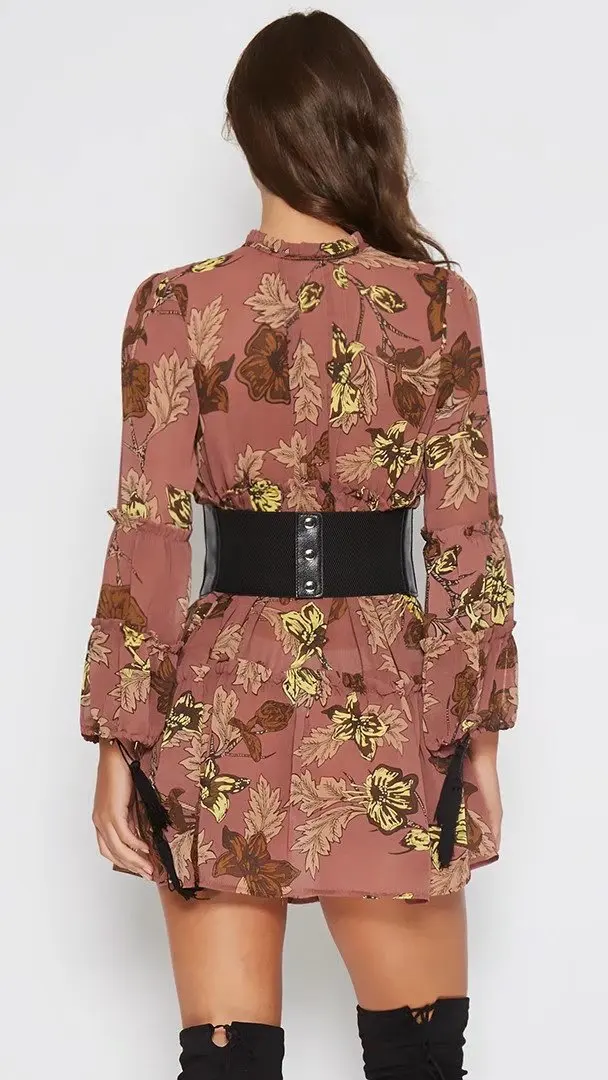 Yzeqi Для женщин короткие оборки Flare с длинным рукавом Dressesfloral принтом Boho Летнее