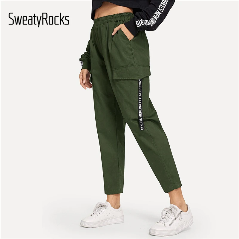 SweatyRocks Брюки с карманами, украшенные буквенным принтом, Летние Осенние повседневные брюки с эластичной резинкой на талии, женские штаны карго
