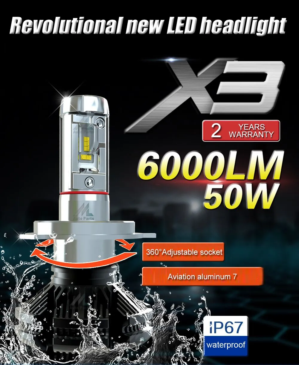 Лампочки для авто Яркие СВЕТОДИОДНЫЕ H4 X3 6000LM 50 Вт 2 Года Гарантии светодиодные лампы