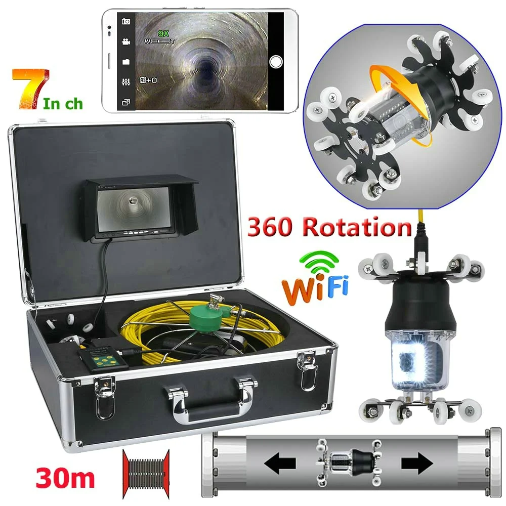 

7 inch WiFi DVR Pipe Inspection Video Camera Drain Sewer Pipeline Industrial Endoscope IP68 38 LEDs 360 Degree Rotating Camera