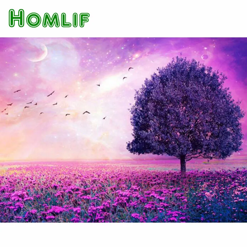 HOMLIF 5D DIY Алмазный пейзаж дерево фиолетовая живопись Лаванда полная круглая