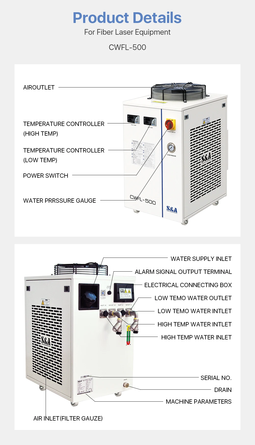 Cloudray S& A CWFL-500AN& 500BN& 500DN промышленный воздушный охладитель воды для волоконной лазерной гравировки, резки