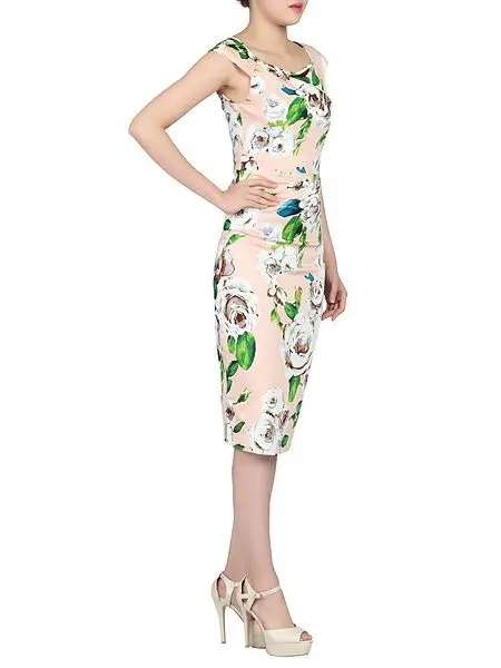 Летние женщины старинные 50 s розовый камелия ruched покачиваться карандаш dress плюс