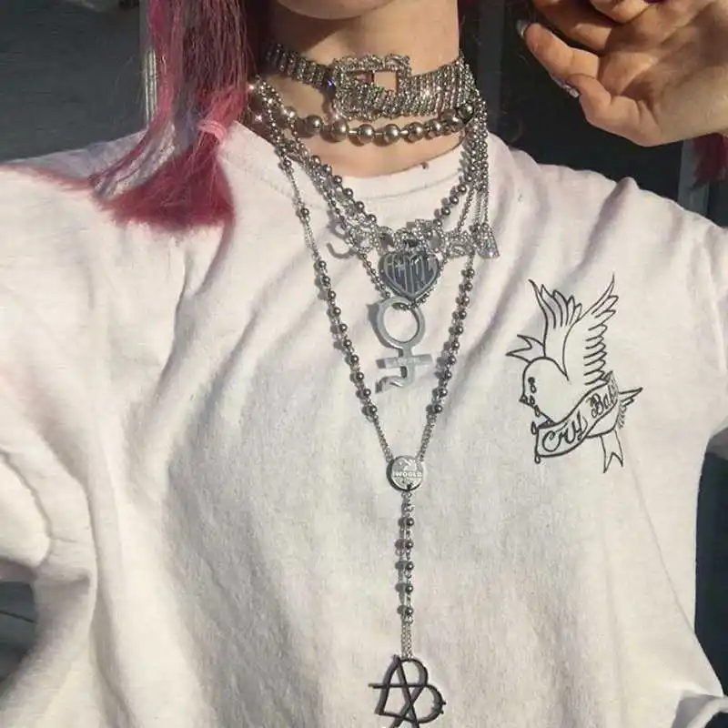 Интернет девушка Igirl ожерелье из нержавеющей стали 90s стальной шар милый панк хип-хоп Сердце Колье Ретро IG стиль ожерелье