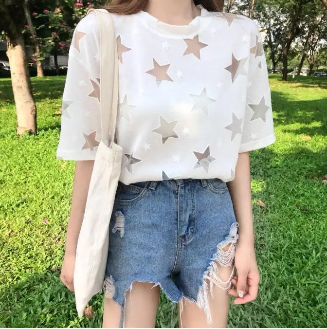2018 new summer star hollow out loose mesh t-shirt | Женская одежда