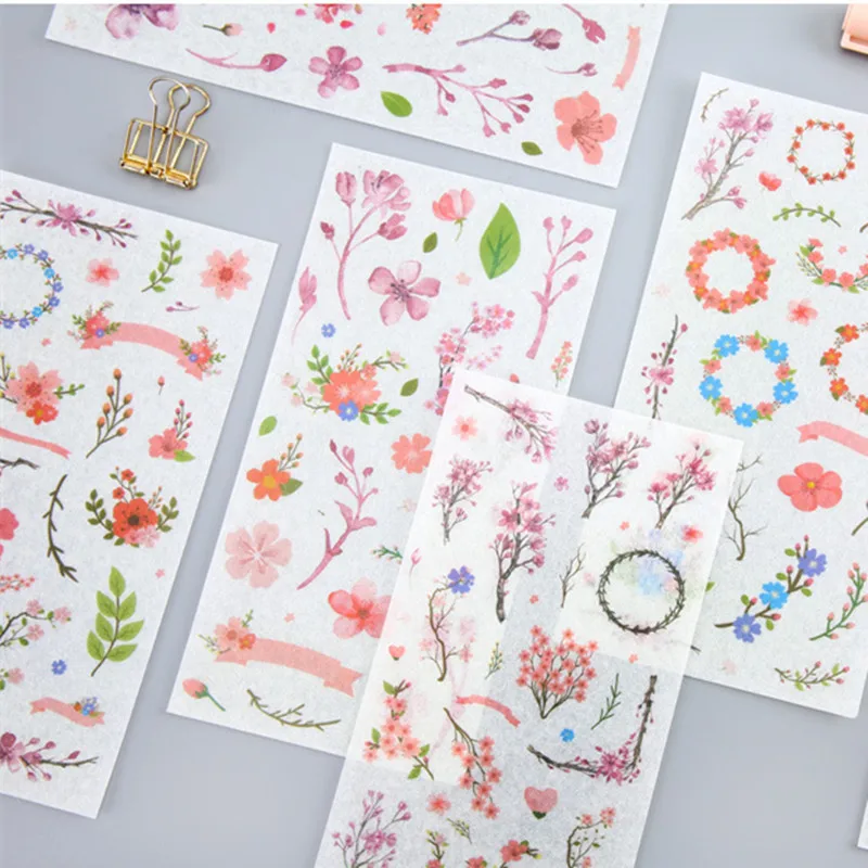 

6 Pcs/pack Pink Cherry Blossoms Trees Paper Sticker Decoration Stickers Diy Album Diary Scrapbooking Label Sticker