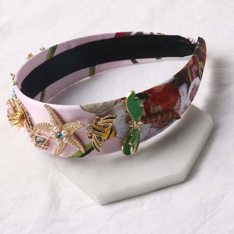 New Vintage Baroque Pink Silk Headbands For Women Resin Flower Gold Starfish Crowns Bridal Hair Ornament Head Jewelry Headpiece | Украшения