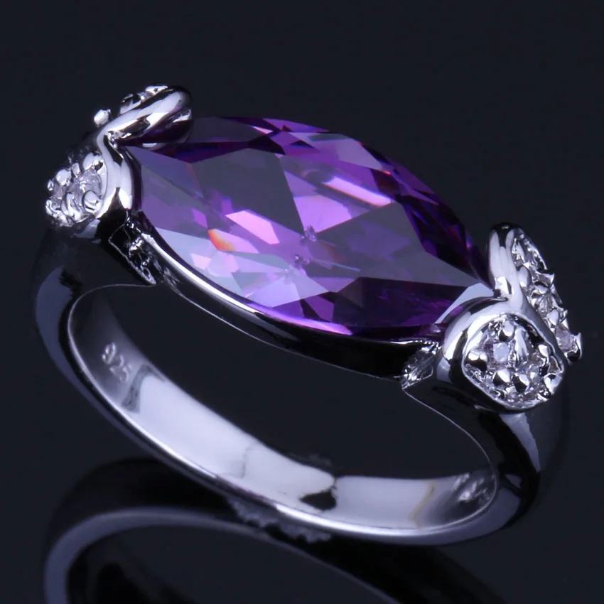 

Unique Marquise Purple Cubic Zirconia White CZ Silver Plated Ring V0654