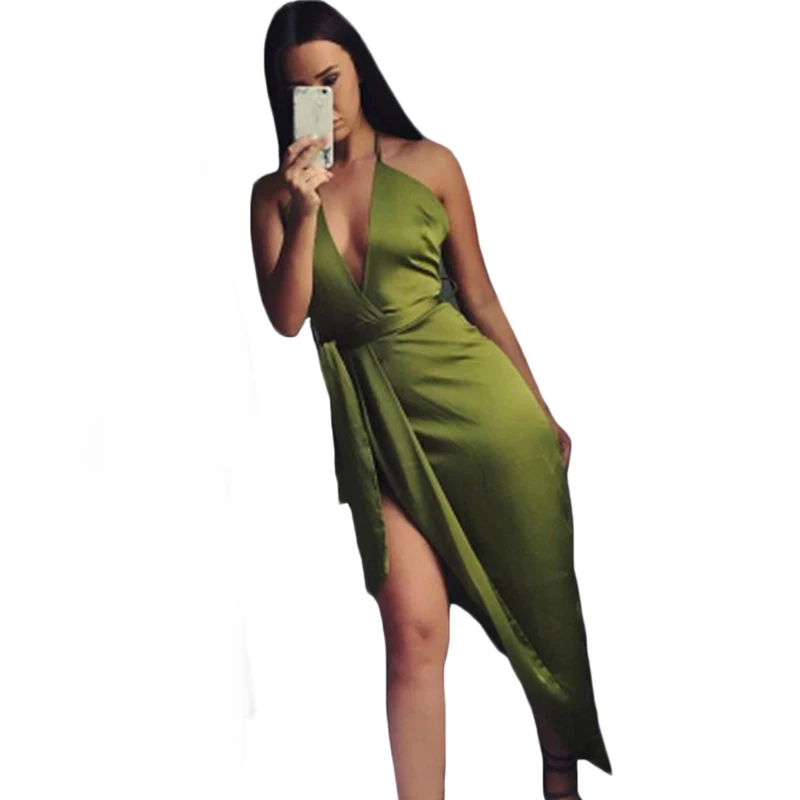 

2018 hot sexy solid green party long dresses fashion women sleeveless Deep V-neck backless belted holiday asymmetric vestidos