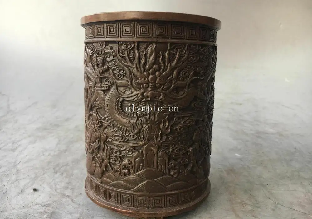 

5.5'' red copper carvings office fengshui decor five dragon brush pot statue