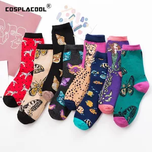 Носки женские COSPLACOOL, в Корейском стиле, хипстерские, жаккардовые, с цветочным принтом