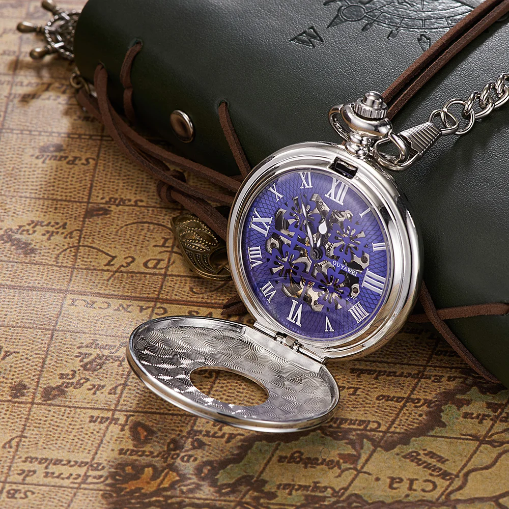 OUYAWEI прозрачная накидка с цветком Механические карманные часы серебряные