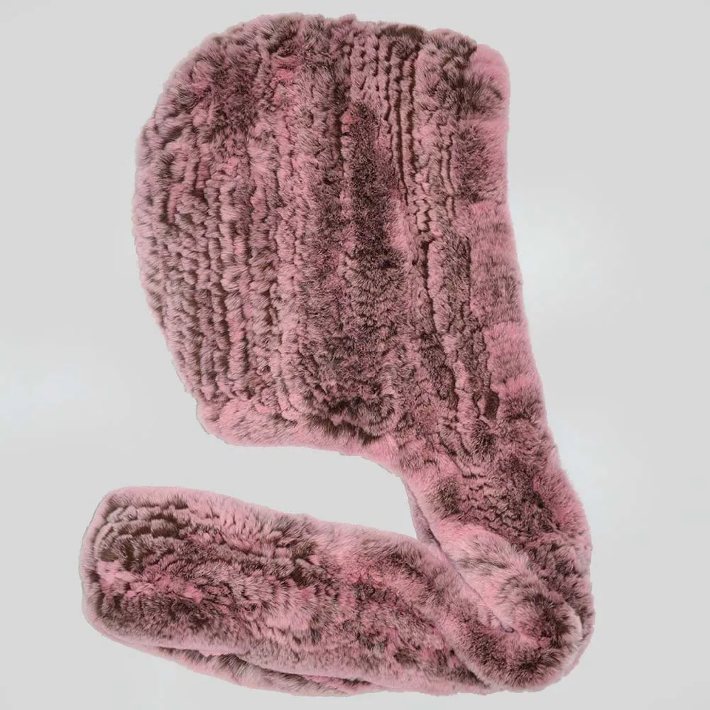 pink Натуральный мех, шапка с шарфом, Женская Зимняя кепка Настоящий мех кролика, шарф с капюшоном, женская зимняя шапка, теплая меховая шапка, шарф для женщин - Цвет: pink