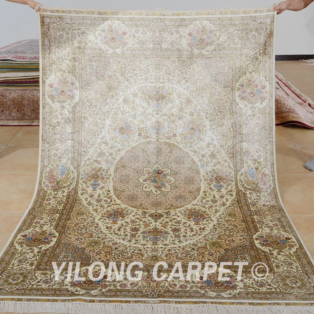 Турецкий ковер ручной работы Yilong 5 'x 7 5' бежевый из искусственного шелка (0193) |