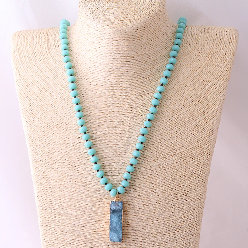 Fashion Bohemian Tribal Jewelry 8mm Crystal Glass Knotted With Blue Druzy Pendant Necklaces For Women Ethnic Necklace | Украшения и