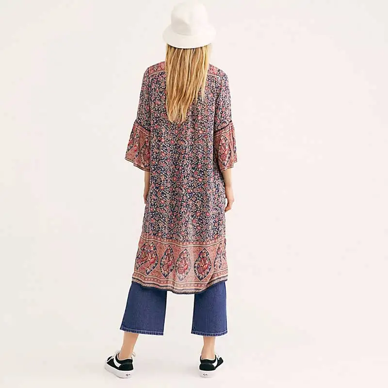 Богемный Вдохновленный пляжное кимоно пуговицы спереди boho длинный дизайн