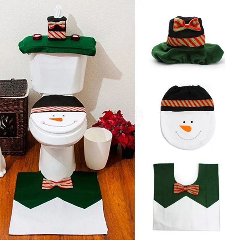 

New Christmas Supplies for Bathroom Santa Snowman Toilet Seat Cover & Slip-resistant Pad Bathroom Set Christmas Decoration
