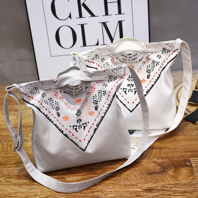 

YILE Cotton Canvas Eco Shopping Tote Handbag Cross Body Strap Print Flower L1128a