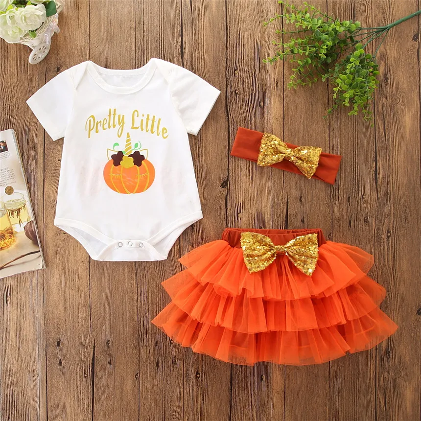 

Halloween Party Toddler Girls Summer Clothing Set Short Sleeve Romper+Skirt+headband 3pcs Newborn Infant Clothes Set Kids Outfit