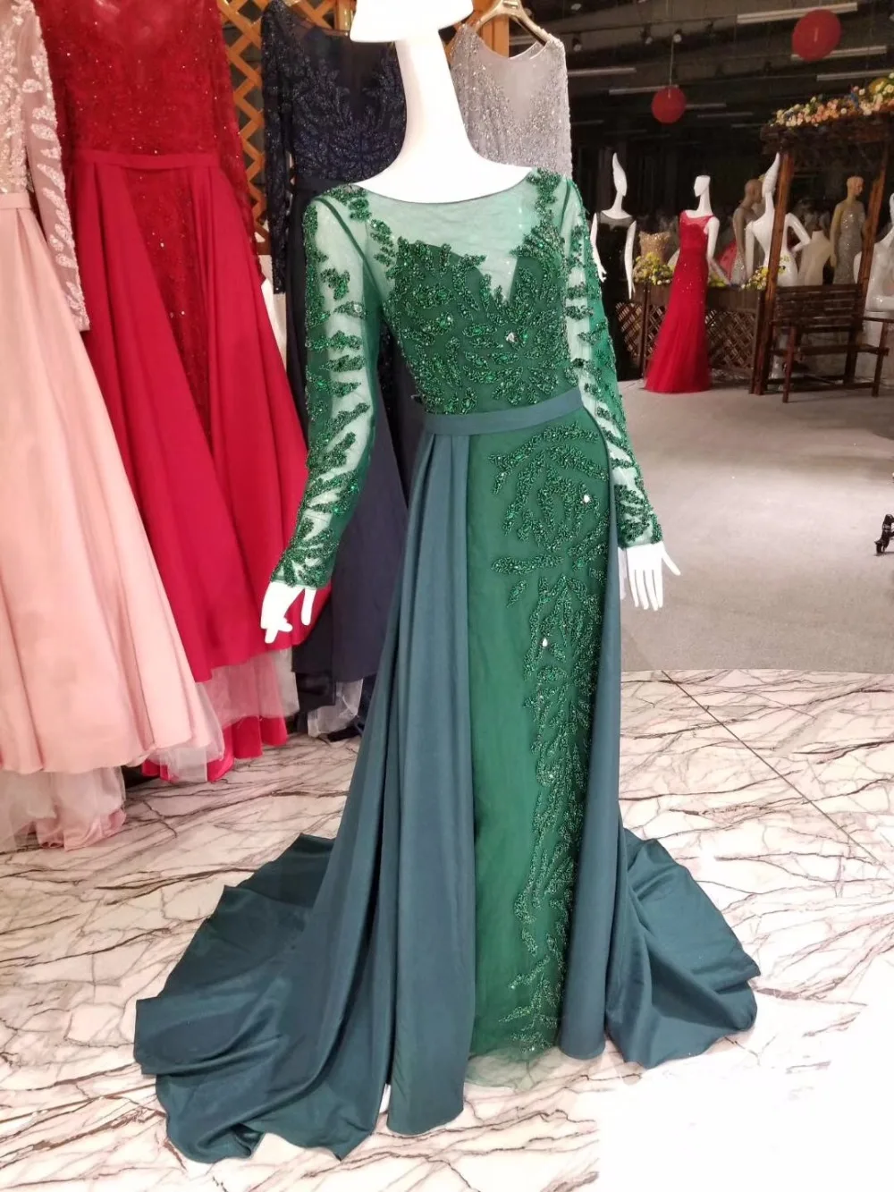 CloverBridal, высокое качество, длинные рукава, розовое, темно-синее, серебряное, красное, роскошное, с бисером, вечернее платье с длинным шлейфом