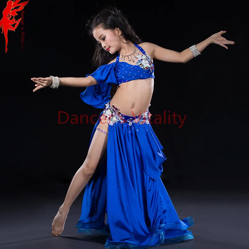 luxury silk dress handmade beaded belly dance costume girl 3 piece set for children internship performance skirt red royal blue |