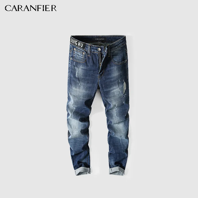 CARANFIER/новые модные джинсы для мужчин весенние тонкие Стрейчевые с вышивкой