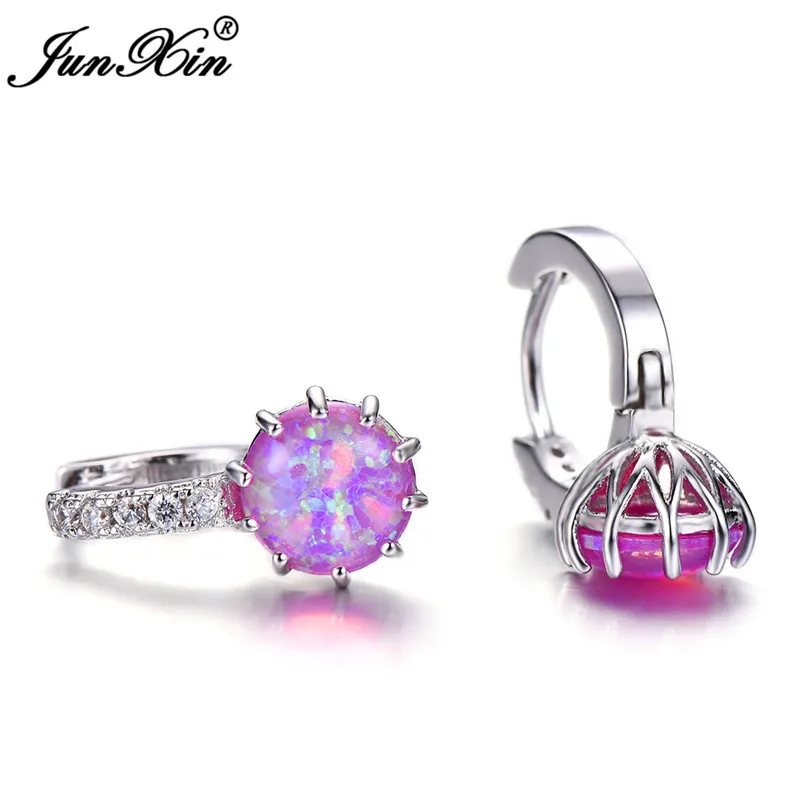 Silver Pink Opal Модные женские круглые серьги-кольца Boho, серебряные Свадебные украшения 925 пробы, белые синие пожарные серьги с камнями-опалами для женщин - Окраска металла: Silver Pink Opal
