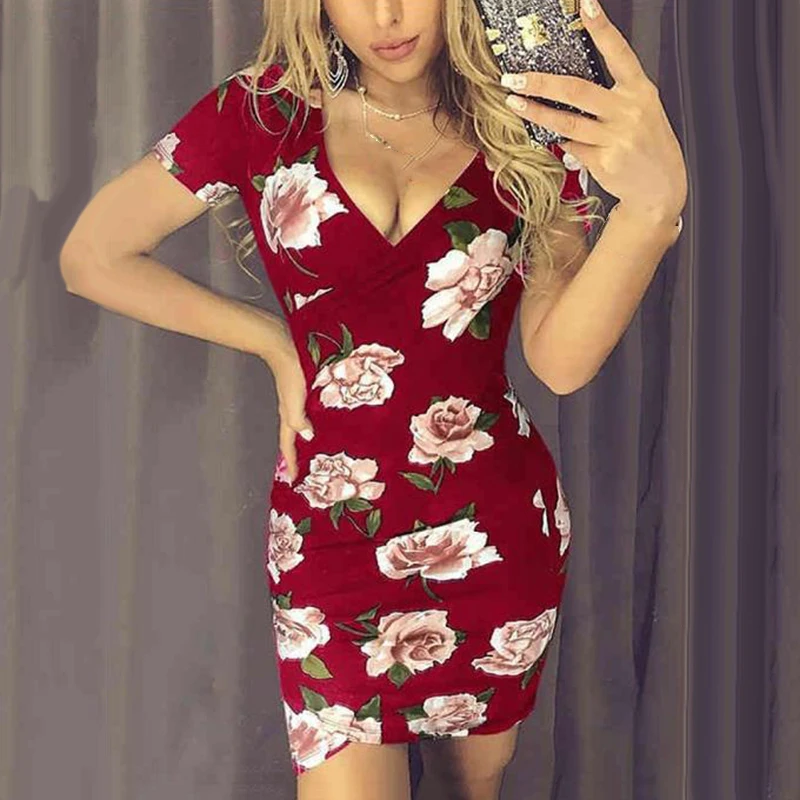 2019 Дамская мода с цветочным принтом обтягивающее мини платье v образным вырезом и