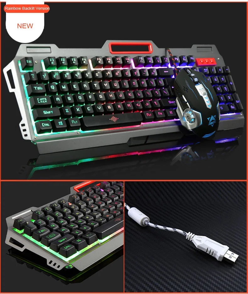 Новая Радужная желтая подсветка Pro Gamer игровая клавиатура 3200 dpi 6 кнопок механический светодиодный подсветка Pro игровая мышь