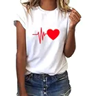Модная женская футболка, свободная футболка с коротким рукавом и принтом сердца, повседневный летний топ с круглым вырезом, женские блузы