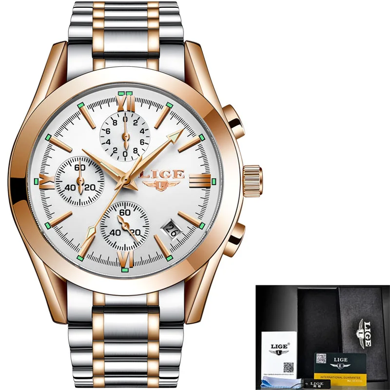 S Rose Gold White LIGE Мужские часы от ведущего бренда, Роскошные военные спортивные часы, мужские водонепроницаемые часы из нержавеющей стали, кварцевые часы, мужские часы+ коробка - Цвет: S Rose Gold White