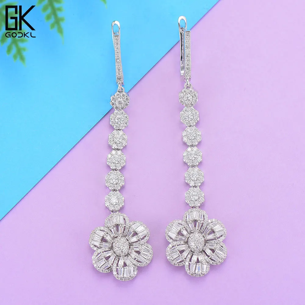 GODKI Luxury Flower Cubic Zircon Crystal CZ Long Dangle Earrings For Women African Bridal Earring aretes de mujer modernos 2018 | Украшения