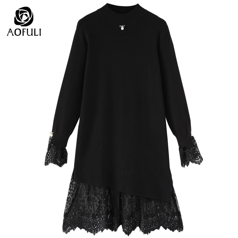 Платье Свитер AOFULI кружевное ассиметричное с длинным рукавом размеры XL 2XL 3XL 4XL
