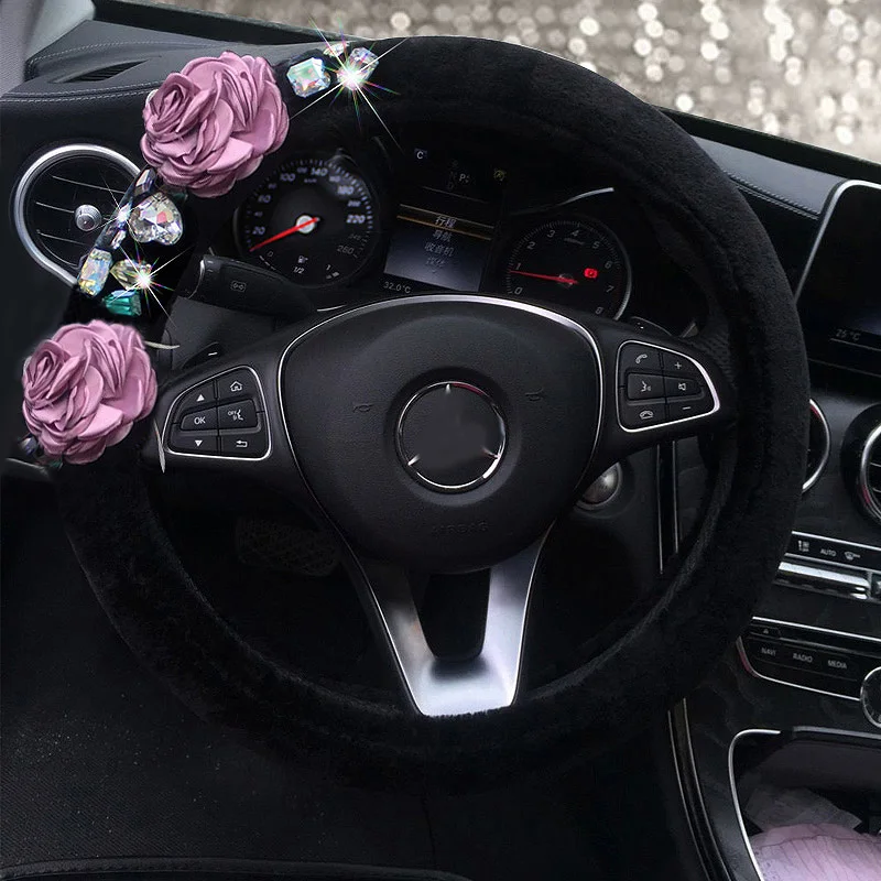 Модный зимний плюшевый Меховой чехол рулевого колеса автомобиля с розовыми
