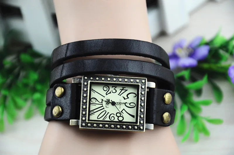 2 шт состаренная бронза прямоугольные часы черный двойной широкий кожаный