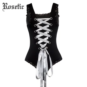 Женский Облегающий комбинезон Rosetic, готический винтажный комбинезон черного цвета с лентами и открытой спиной, Элегантный Модный пляжный боди на лето