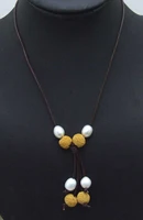 sale big 10 11mm white rice natural freshwater pearl with yellow lava beads 18 genuine leather necklace 5913