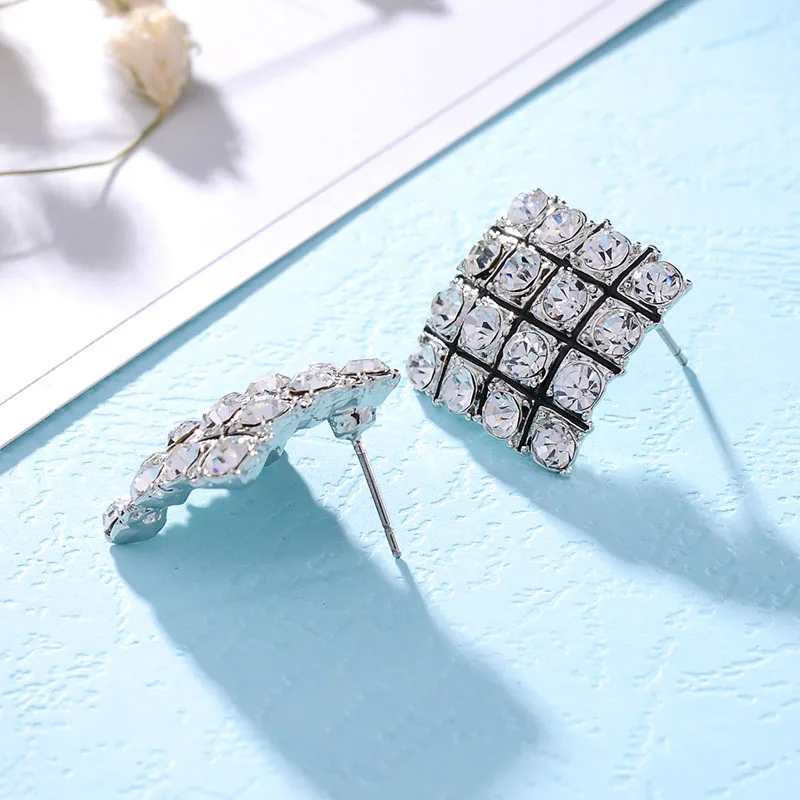 New Korean Temperament OL Square Stud Earrings For Women Fashion Sparking Rhinestone Enamel grid Geometry Earring jewelry | Украшения и