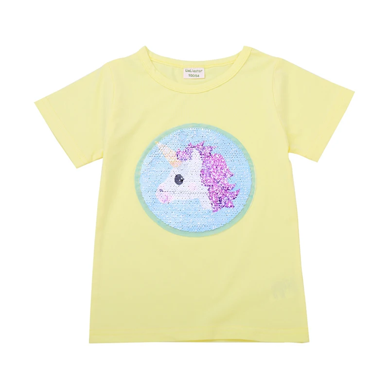 Unicorn C yellow YOFEEL/Летняя детская футболка для мальчиков; двухсторонние футболки для маленьких девочек с рисунком супергероя и пайетками; детская футболка с единорогом; одежда из хлопка; футболки - Цвет: Unicorn C yellow