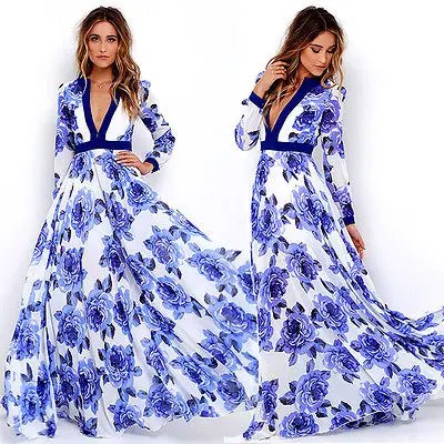 Женское богемное платье макси длинное вечернее с v-образным вырезом и цветочным