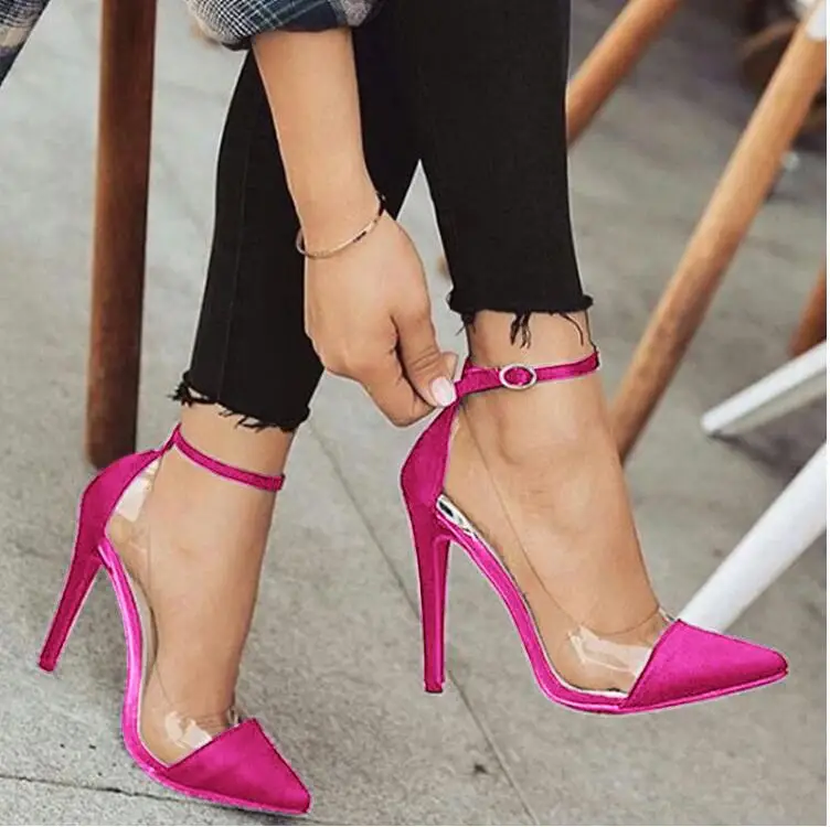 Красный Г.; прозрачная обувь; chaussure; пикантные женские туфли-лодочки для невесты; zapatos mujer; женские свадебные туфли на высоком тонком каблуке с пряжкой на лодыжке; женская обувь; sapato - Цвет: Красный