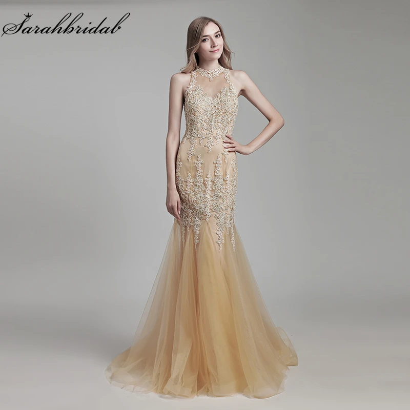 

Formal Evening Dresses Sexy Champagne Maxi Sleeveless Lace Mermaid Floor Length Appliques Women Crystal Beaded Prom Gown LX153