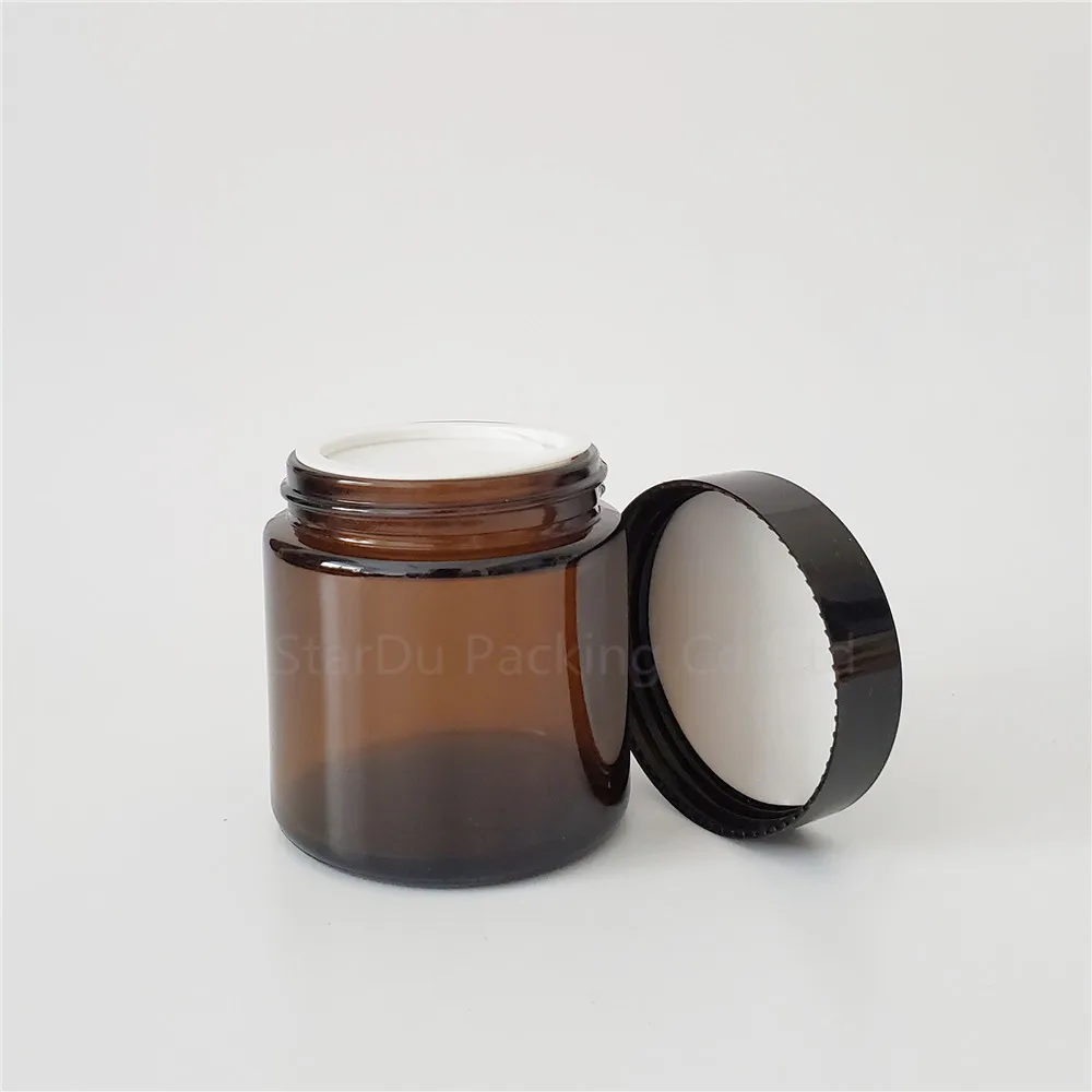 3pcs 100g Glass Jars For Cosmetics Amber Cream 100cc Cosmetic Packaging With Lid Black Plastic Caps | Красота и здоровье