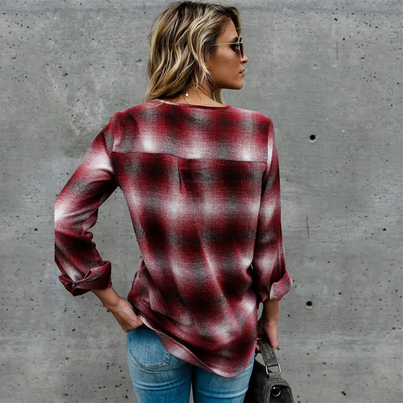 Fashion Womens Tops and Blouses Female Plus Size Casual Long Sleeve Pockets OL Ladies Plaid Shirt Top blusas mujer de moda 2019