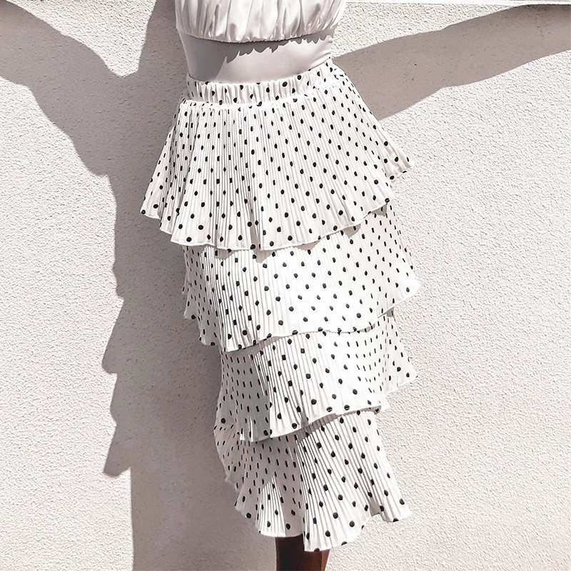 Polka Dot Multi-layer Stretch Women Skirts High Waist A-line Pleated White Ladies Midi Skirt Summer Style Casual Ruffles | Женская