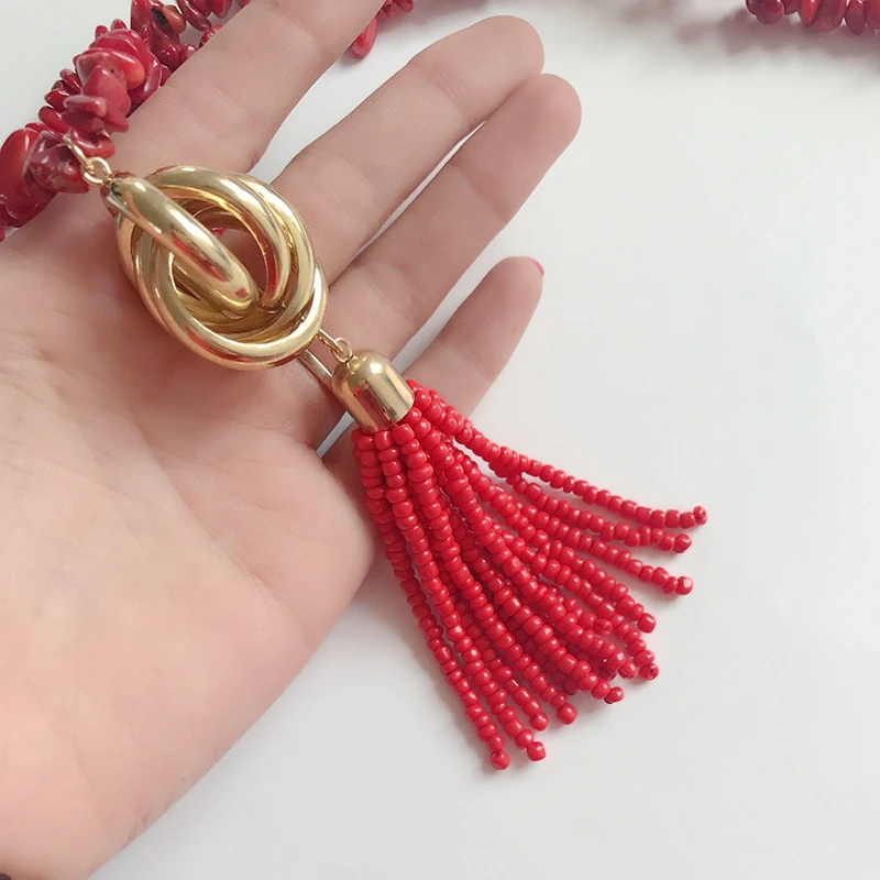 Модное Элегантное длинное ожерелье с подвеской-кисточкой из Красного Камня