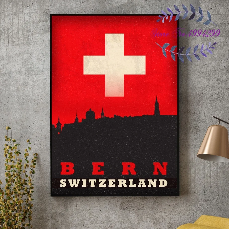 Basel Bern Geneva Zurich Switzerland City Skyline on Flag плакат холст художественный принт домашний декор