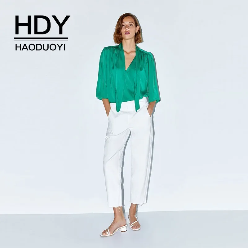 HDY Haoduoyi новинка 2019 модная однотонная шелковая атласная блузка в западном стиле с v