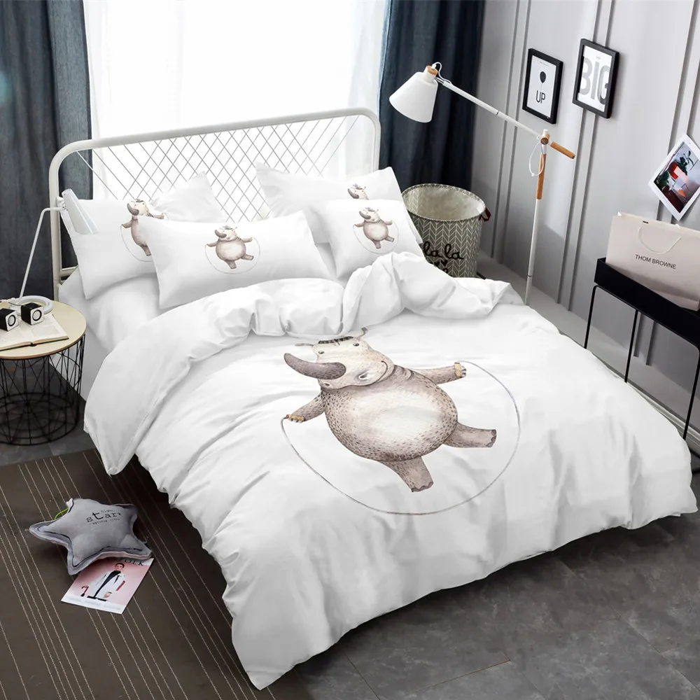 Cartoon Bedding Set Rhinoceros rope skipping Duvet Cover Animal Bedsheet Bed Covers Pillowcase Bedclothes Home Decor 3/4pcs | Дом и сад