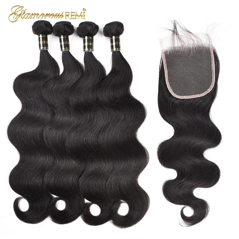 Brazilian Body Wave 4 Bundles with Lace Closures Hair Weaves 100% Human Remy Closure Extension Natural Color |